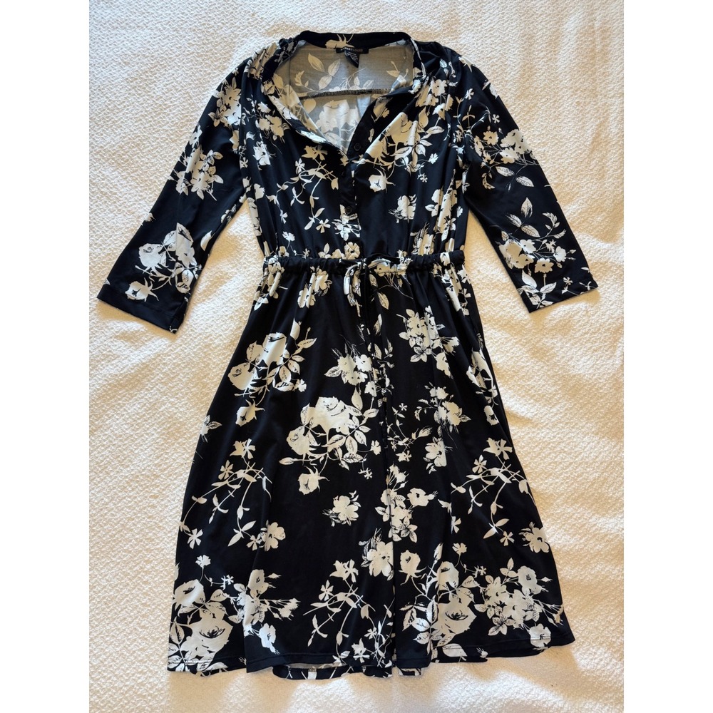 Robert Louis Black White Floral Shirt Dress Three Quarter Sleeve Small